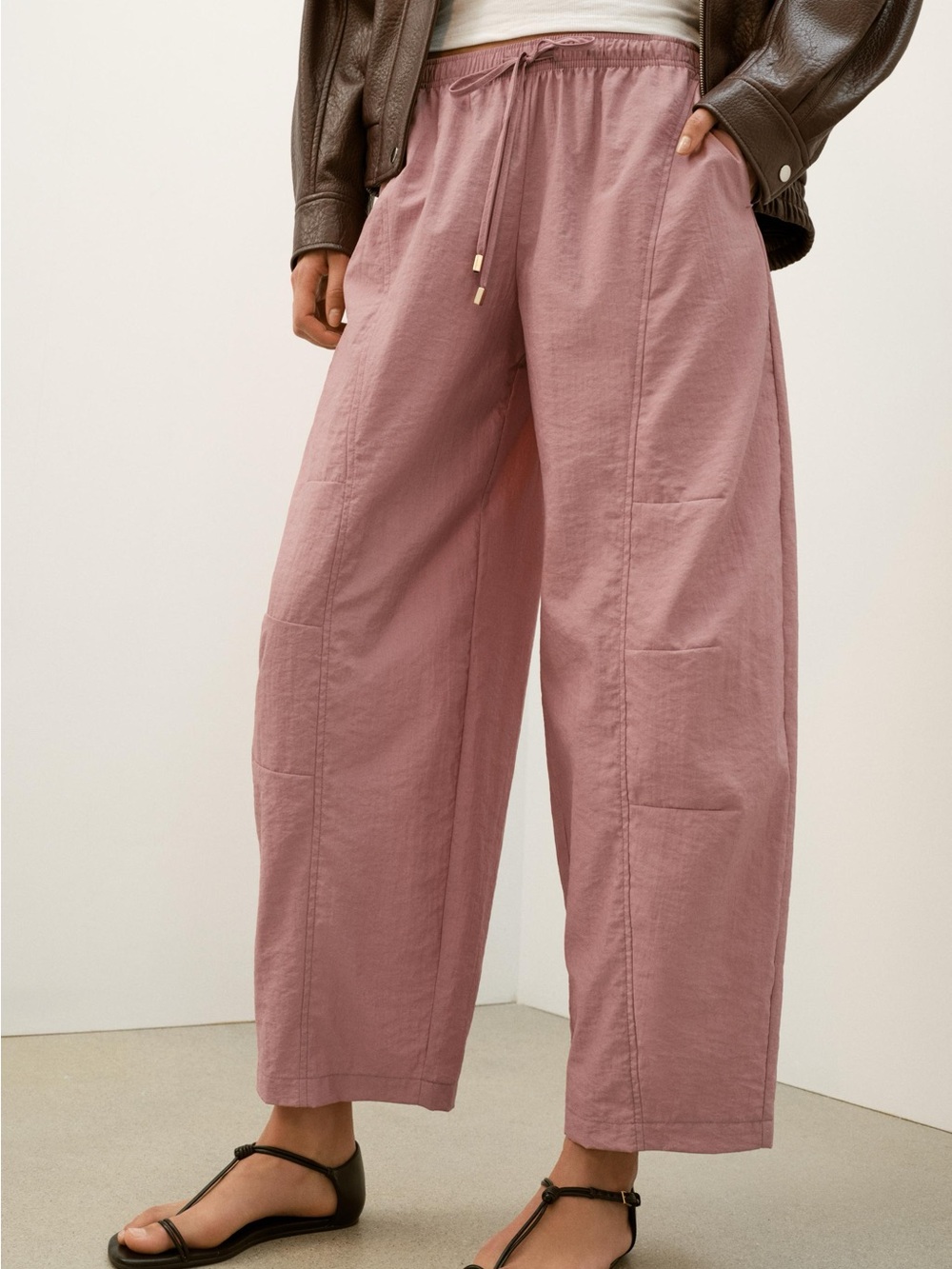 Zara Dusty Rose Parachute Pants Wide Leg Drawstring Utility Y2K Minimalist S